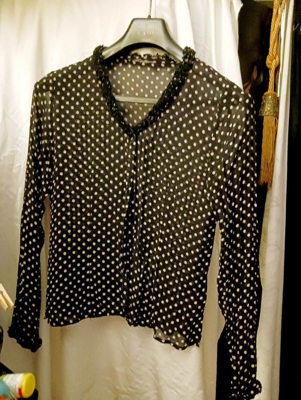 Pure Silk Black Polka Dot Long-Sleeve Blouse